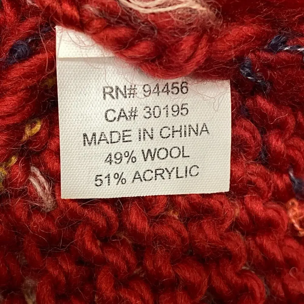 Wool Blend Women’s Red Chunky Knit Beanie Stocking Cap Ski Winter Hat Boho Indie